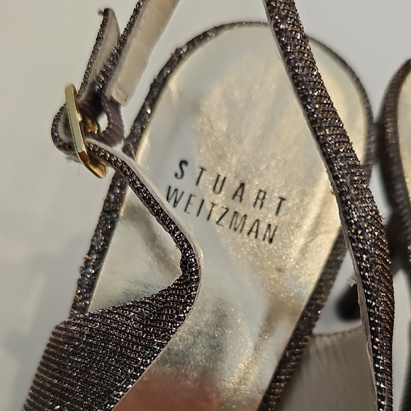 Stuart Weitzman Shimmering Gold Silver Peep-Toe Heels - Picture 7 of 12